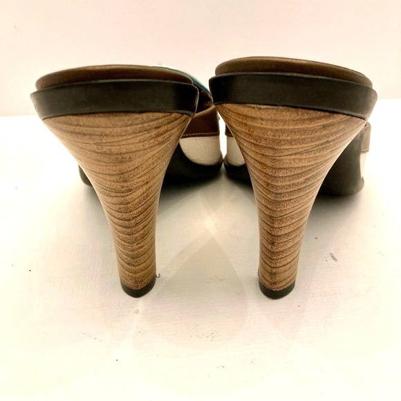 TOD'S Slides Heels Mules Womens 8.5 Brown Blue White Leather Open Toe‎ Slip on - Picture 7 of 11